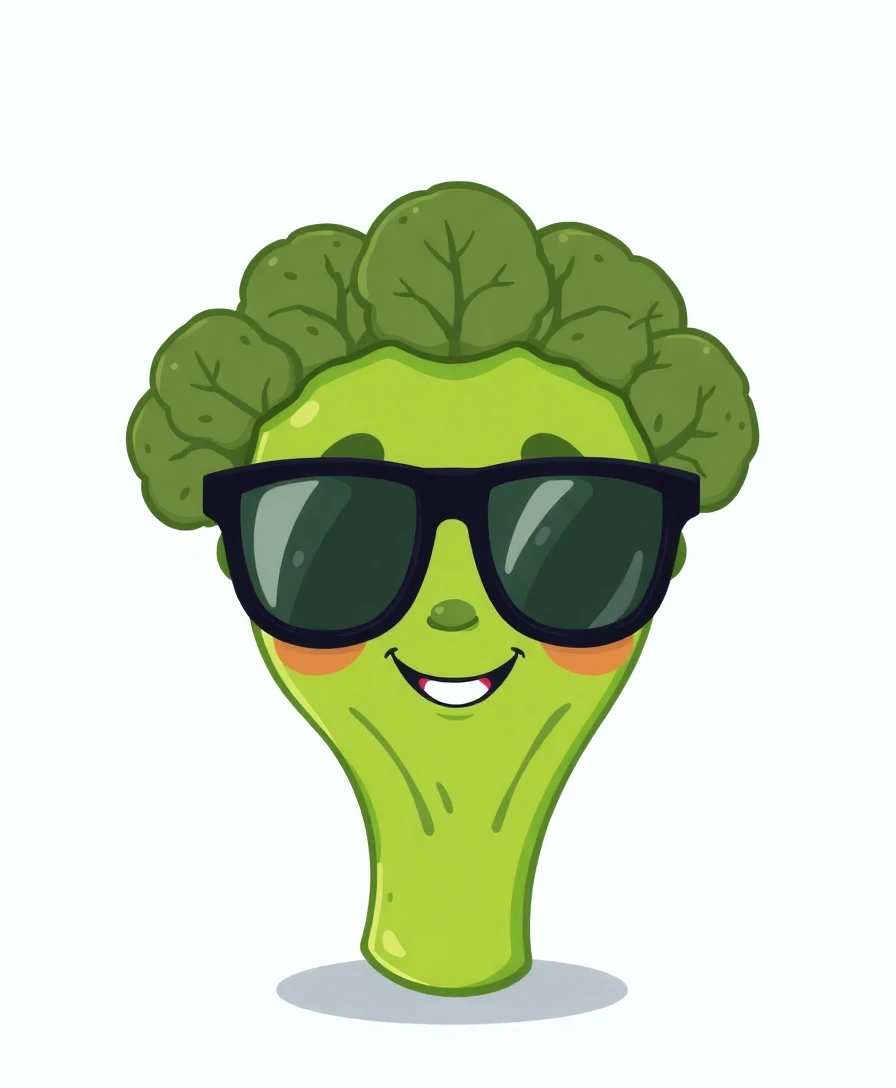 Broco-le-Brocoli, un visage souriant de brocoli avec des lunettes de super-héros