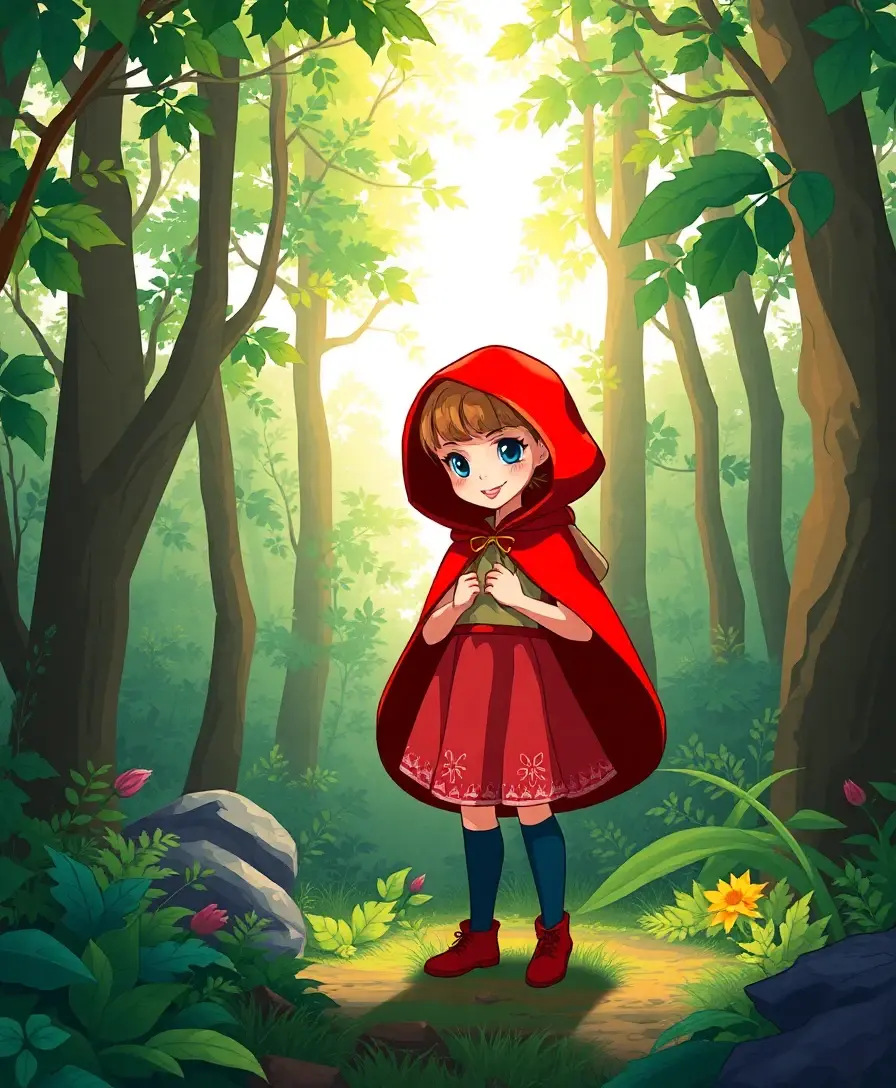 Couverture d'e-book: Le Petit Chaperon Rouge, illustration moderne du personnage dans une forêt