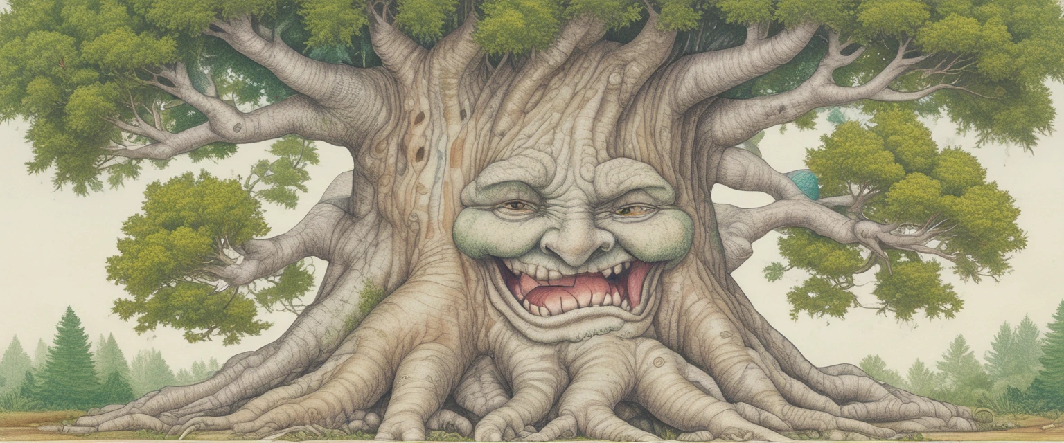 Dessin d'un grand arbre avec un visage souriant, style crayon de couleur