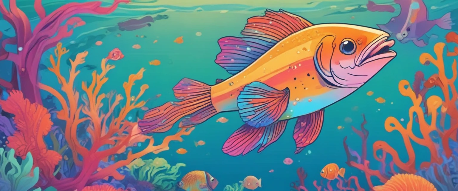 Animation sous-marine colorée avec un petit poisson souriant, style Pixar