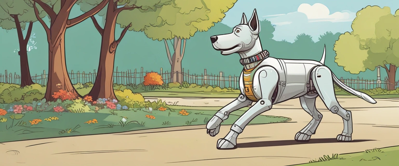 Dessin animé d'un chien-robot jouant dans un parc, style cartoon moderne