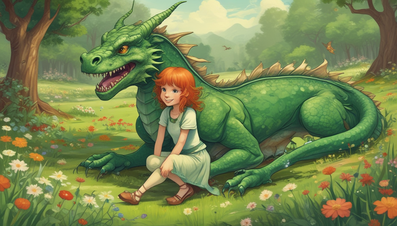 Illustration d'un petit dragon vert souriant assis à côté d'une petite fille aux cheveux roux, dans une prairie fleurie