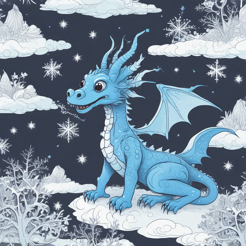 Illustration d'un petit dragon bleu crachant de la glace, style aquarelle digitale