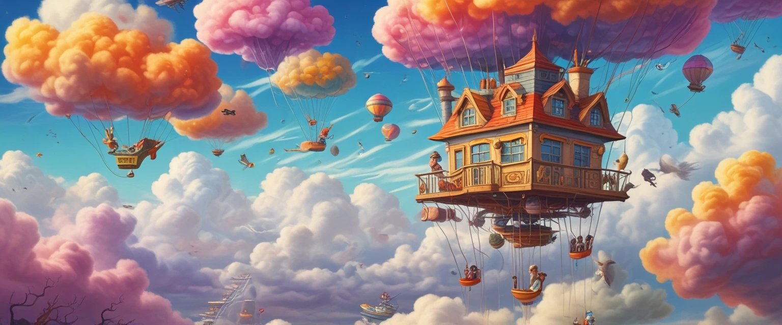 Animation d'une école flottante dans les nuages avec des élèves volants, style fantaisie colorée