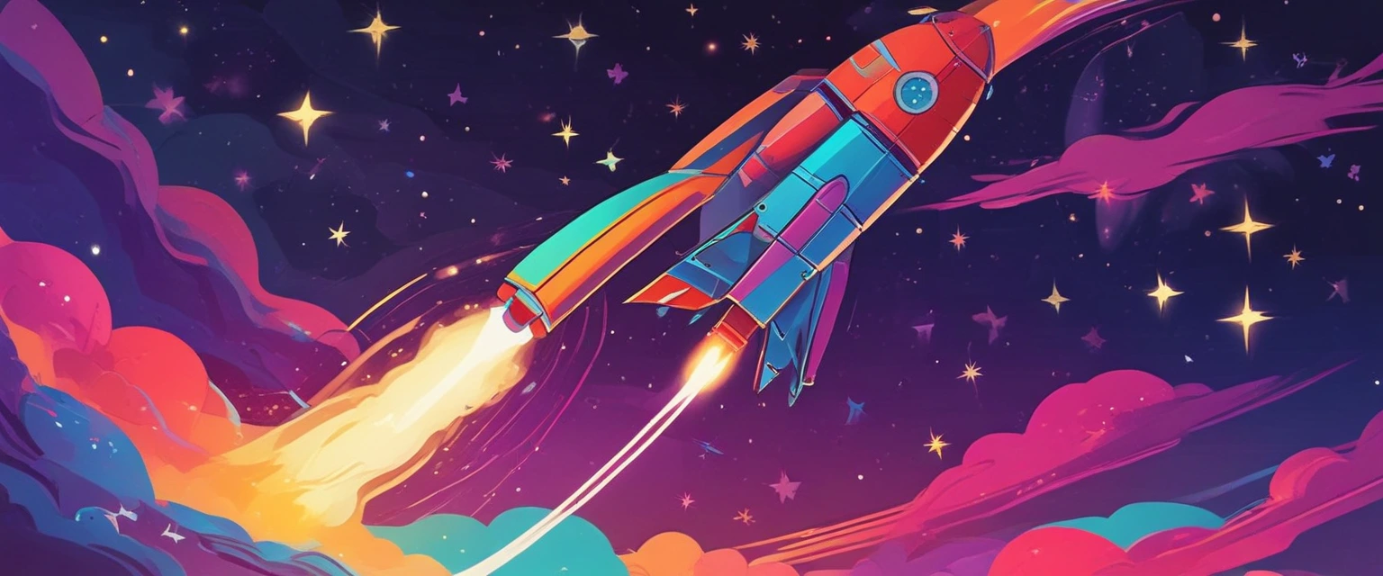 Illustration d'une fusée colorée volant parmi les étoiles, style digital