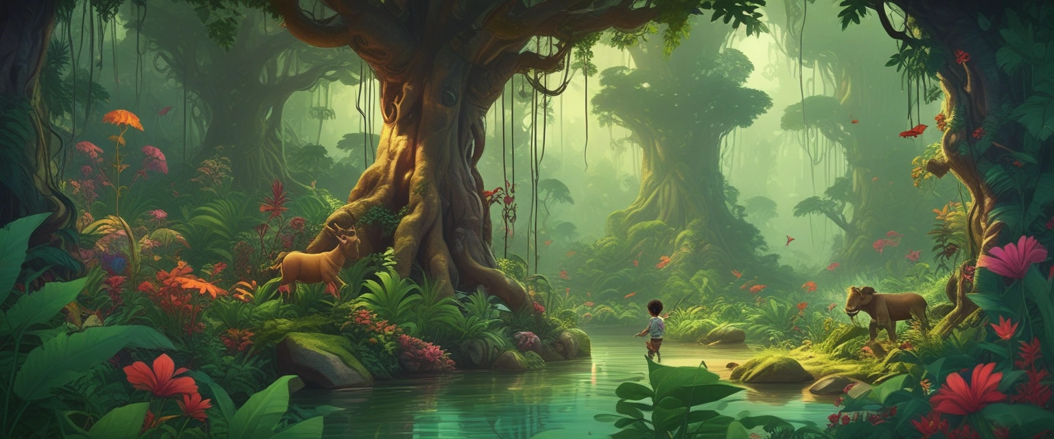 Capture d'écran d'une animation montrant des enfants explorant une jungle luxuriante