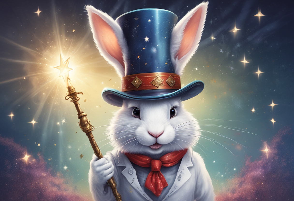 Illustration d'un lapin blanc avec un chapeau de magicien et une baguette magique, entouré d'étoiles et de paillettes magiques