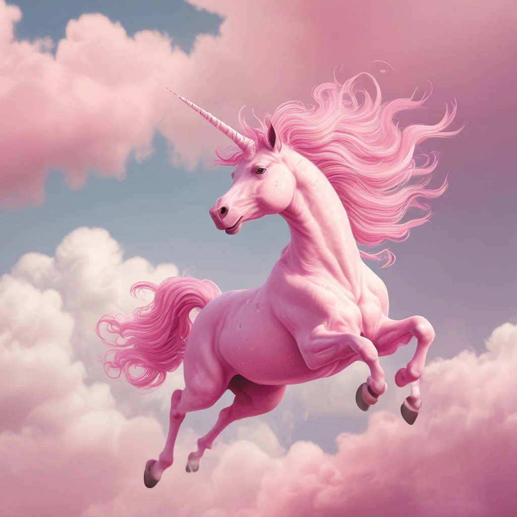 Illustration d'une licorne rose volant au-dessus d'un nuage de bonbons, style aquarelle