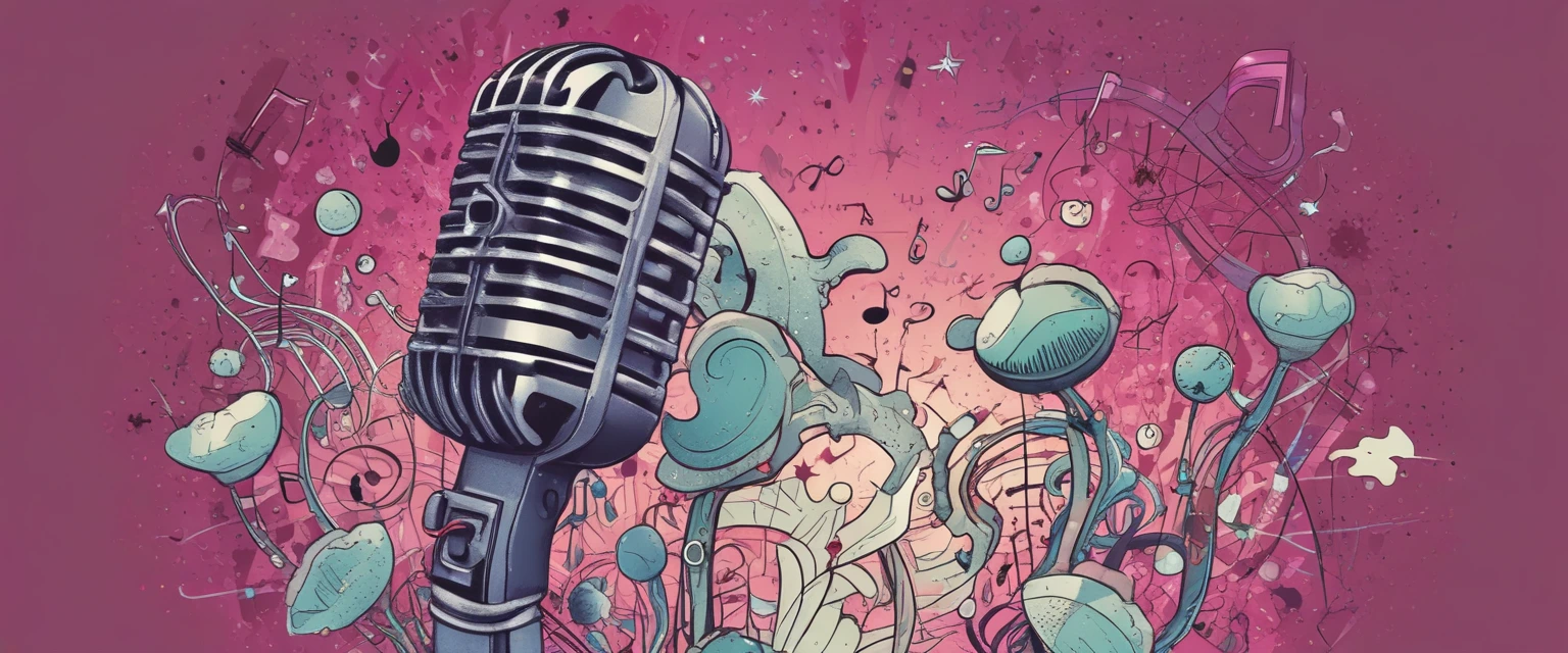 Illustration d'un microphone entouré d'étoiles et de notes de musique