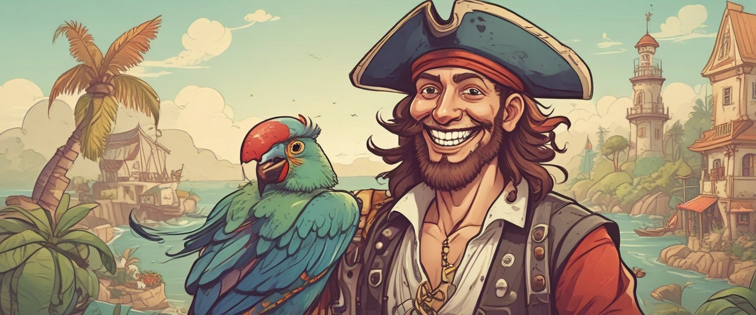 Dessin d'un pirate souriant avec un perroquet sur l'épaule, style bande dessinée