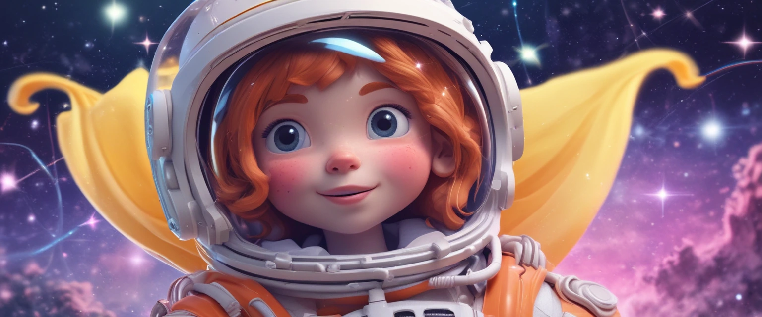 Image d'une princesse en combinaison spatiale flottant dans l'espace, style animation 3D