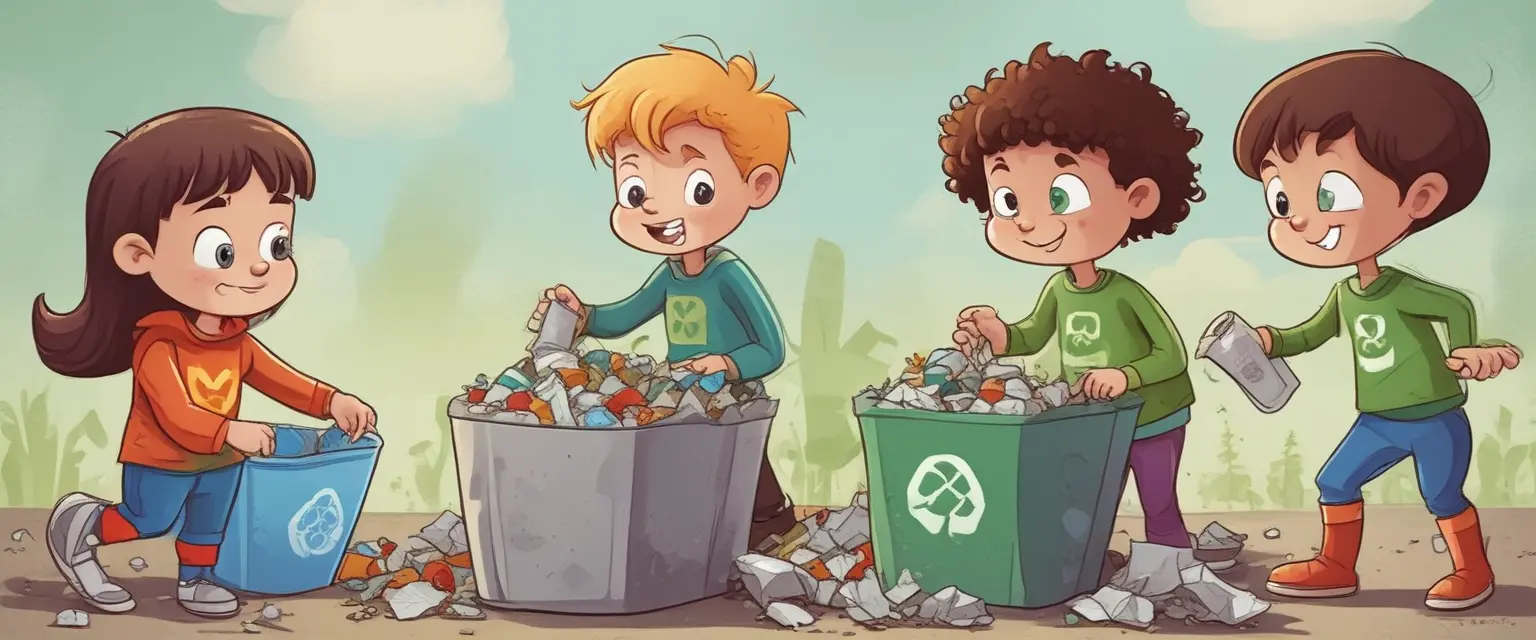 Dessin animé de super-héros enfants triant des déchets, style bande dessinée écologique