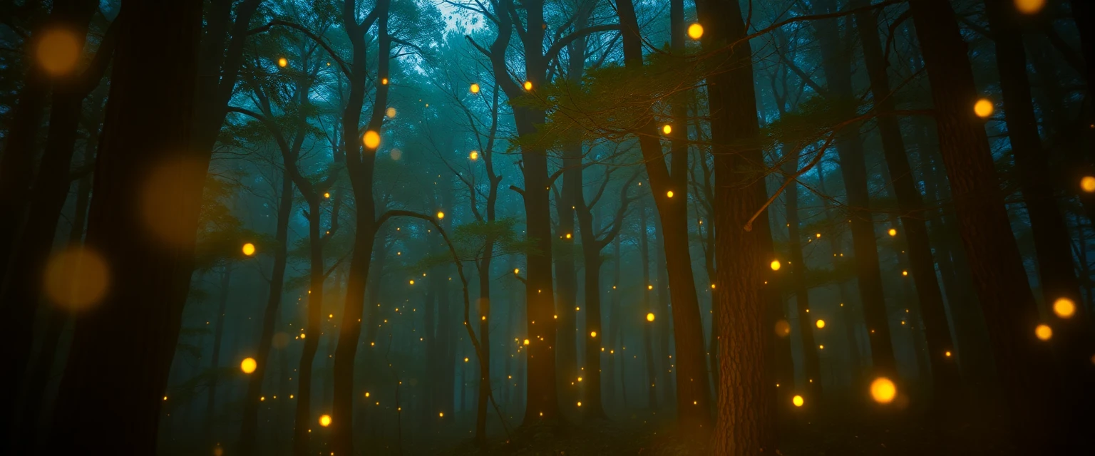 Illustration d'une forêt enchantée avec des lucioles magiques