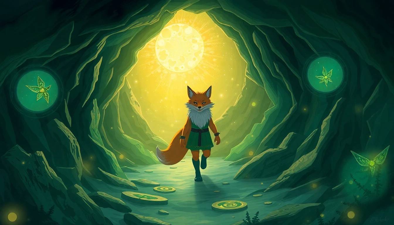 Léo le renard dans la grotte, guidé par les esprits de la nature