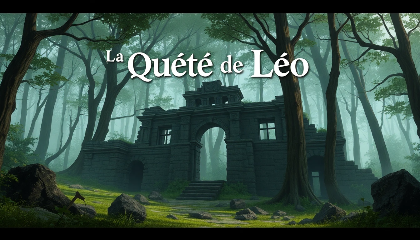 Couverture de l'histoire interactive La Quête de Léo montrant des ruines mystérieuses dans la forêt