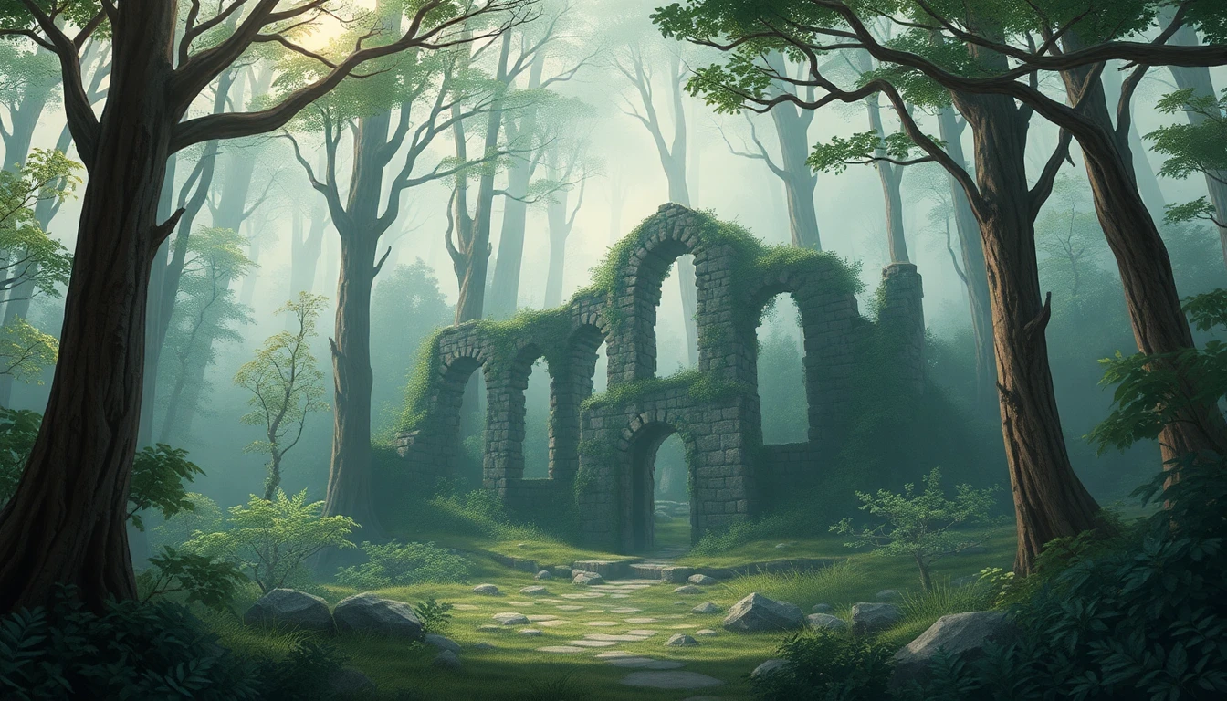 Couverture de l'histoire interactive La Quête de Léo montrant des ruines mystérieuses dans la forêt