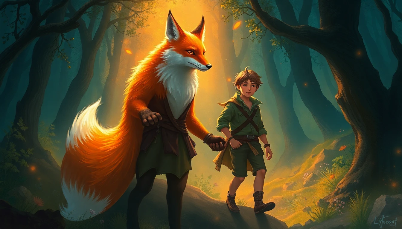 Léo le renard marchant dans la forêt, guidé par les esprits de la nature